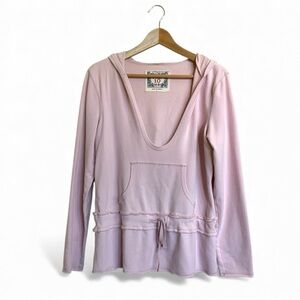 Cotton Spandex Light Pink Hoodie Tunic, Size L Large, Kangaroo Pocket, Tie Waist